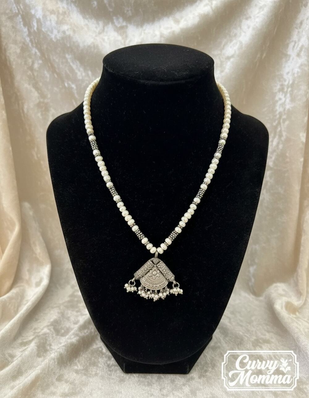 Boho Tribal German Silver Necklace – Statement Pendant with White Pearls
